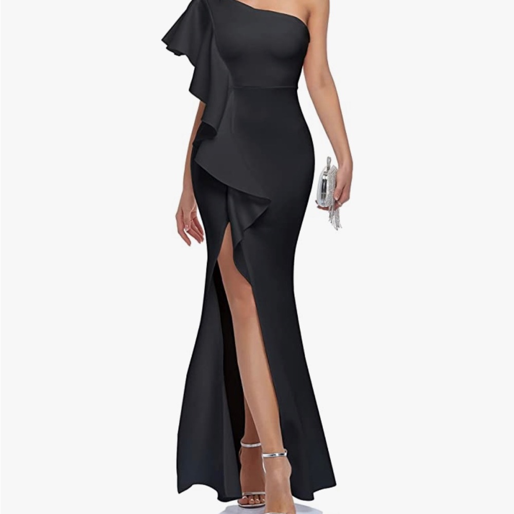 Black formal maxi dress one sleeve with ruffle